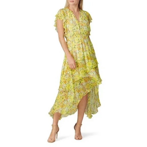 Shoshanna Candela Yellow Floral Print High-Low Ruffle Flutter Midi Dress Size 6 - Picture 1 of 7